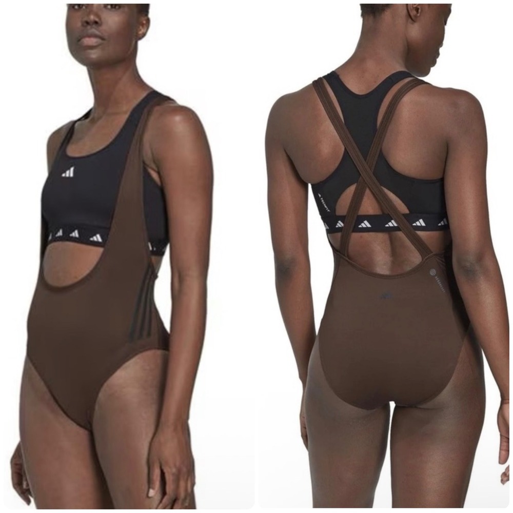 Adidas Womens Brown 3-Stripe AEROREADY Training Icons Leotard Sporty‎ Bodysuit M